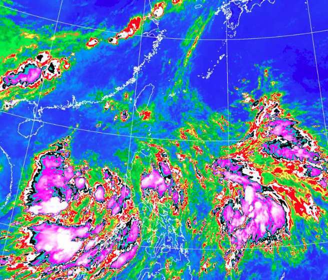 南海、菲律賓東方各有熱帶擾動發展；兩者先後發展成颱的機率、逐日提高。圖為衛星雲圖。(翻攝自氣象局)