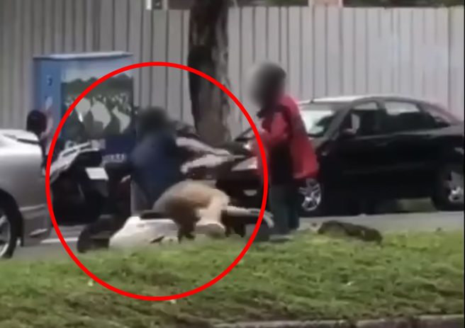 一名汽車駕駛因行車糾紛與機車騎士大打出手，卻因自己重心不穩先摔倒在地。（翻攝自臉書《記者爆料網2.0》）