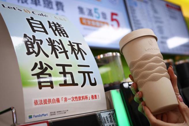  環保署29日舉行記者會，向民眾推廣自備飲料杯享新台幣5元優惠政策；全家便利商店提前響應，飲料販售區可見「自備飲料杯省5元」看板。（圖/ 中央社）