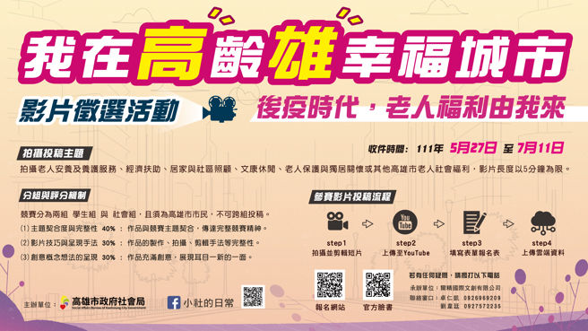 高雄市政府社会局规划「我在高龄雄幸福城市」影片徵选活动，邀请市民以自身经验分享或发挥创意一同来拍摄高雄市老人福利短片。(高雄市社会局提供)