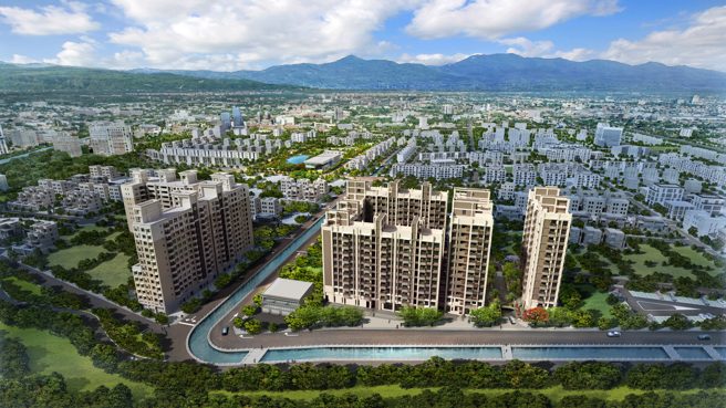 員林房市熱，位居184重劃區Ａ級地段的「合陽鼎峰」採莊園級造鎮，規劃特殊。此為3D示意與區域鳥瞰合成圖。(圖/業者提供)