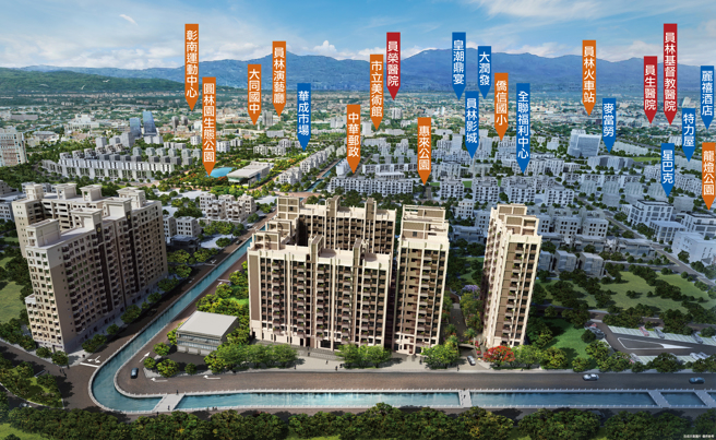 「合陽鼎峰」坐享員林豐富生活機能，生活所需都能滿足。此為3D示意圖與區域鳥瞰圖。(圖/業者提供)