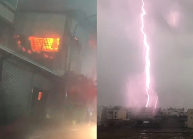 有民眾在爆料公社貼文表示，南投縣名間鄉一間民宅被雷打到，引起大火。（翻攝爆料公社／吳建輝彰化傳真）