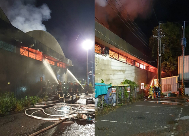 嘉义市知名嘉乐福夜市旁嘉义县农会一处仓库，晚间8点27分不明原因起火。（翻摄自记者爆料网）