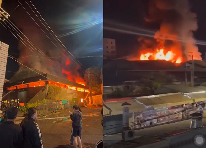 嘉义市知名嘉乐福夜市旁嘉义县农会一处仓库，晚间8点27分不明原因起火。（翻摄自记者爆料网）