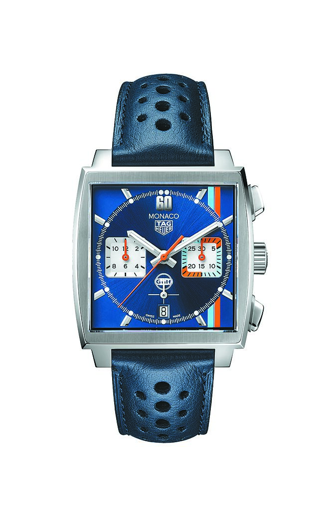 TAG Heuer Monaco Gulf海湾石油联名计时腕表，23万2200元。（TAG Heuer提供）