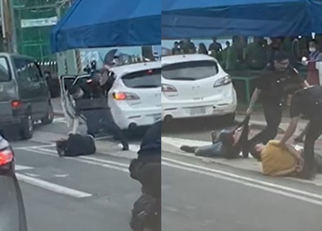 桃園保安大隊員警巡邏時，見到1輛轎車形跡可疑，欲攔查轎車卻加速逃逸，員警強勢執法將嫌犯拖下車壓制。（翻攝自爆廢公社）