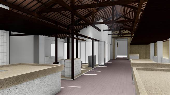 高市鹽埕第一公有市場現正進行入口意象強化及內部攤位區改造，圖為完工示意圖，預計今年9月完工創造更多觀光效益及商家收益。（高市經發局提供／柯宗緯高雄傳真）