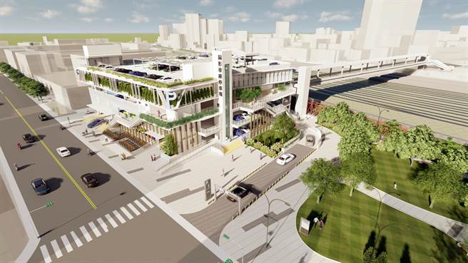 台铁彰化车站后站立体停车场，规划停车场、广场与绿地的空间，并利用既有天桥串联前后站及户外休憩平台。（彰化市公所提供／吴敏菁彰化传真）