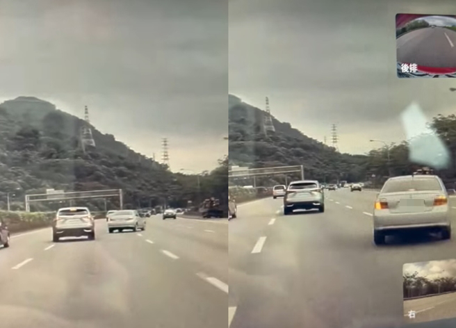男高速公路遇三寶駕駛錯過交流道，竟突然路中間煞停，嚇的他與另一輛休旅車緊急閃避險撞上。（翻攝自臉書爆廢公社公開版）