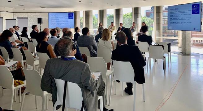 （台灣首獲歐盟邀請出席「歐洲公民保護論壇」，分享數位防災成果。圖／災防辦提供）