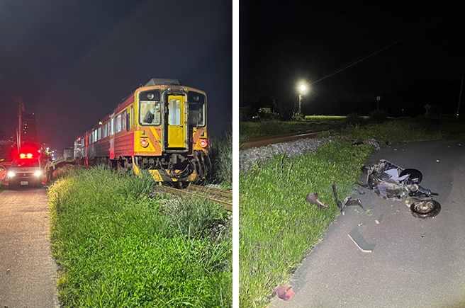 一名男子晚间骑乘机车行经新竹县竹中火车站附近，不明原因遭区间车撞上，车体破碎，男子当场身亡。（民眾提供／邱立雅竹县传真）