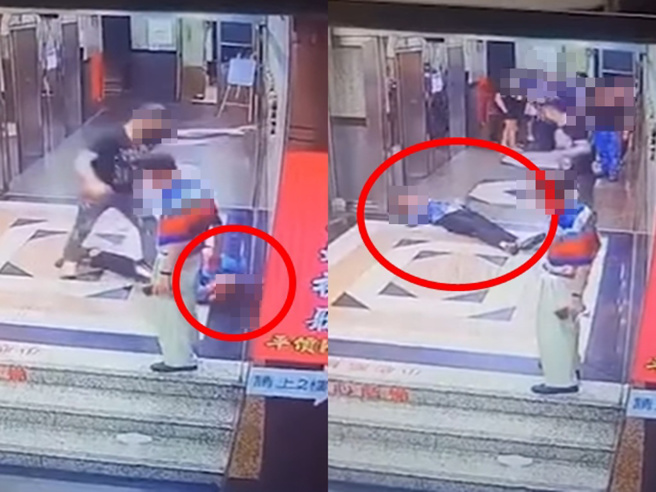 25歲胡男（紅圈者）不滿老翁操作不慎，害他被電梯門夾中身體，便朝老翁怒罵毆打，事後反被老翁的友人打趴在地。（翻攝自臉書「記者爆料網」）