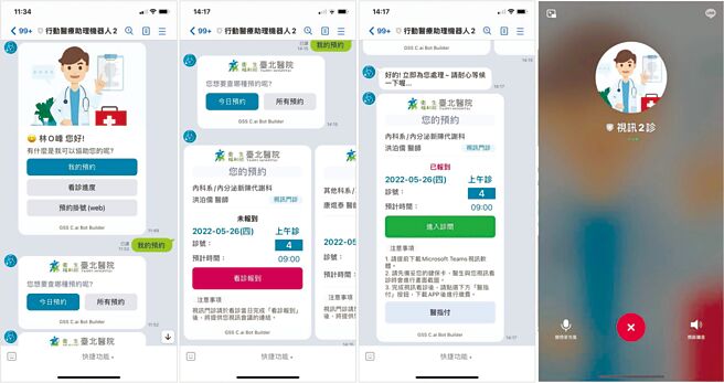 现在若快筛阳性需要至卫生福利部臺北医院进行视讯诊疗，只需加入卫生福利部臺北医院LINE官方帐号，输入身份证字号建立初诊资料，即可于LINE官方帐号上预约视讯问诊，于预约时间前往指定LINE诊间，开启视讯通话即可进行视讯问诊。图／叡扬提供