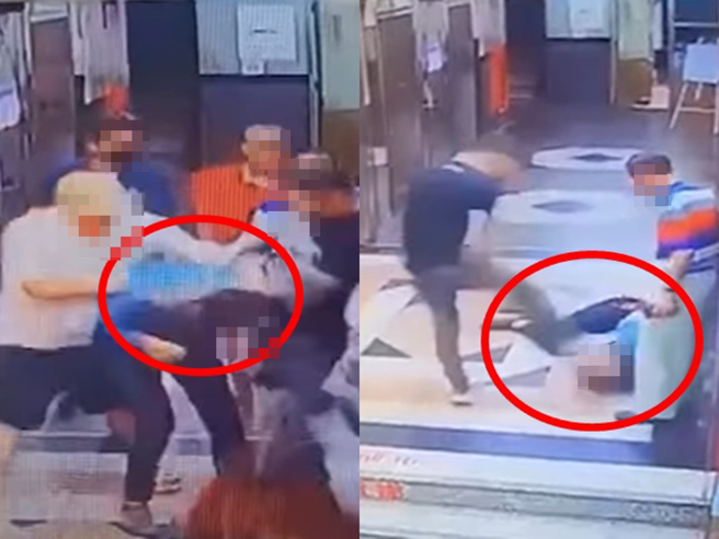 胡男喝完酒因遭老翁關電梯時夾中身體，開始朝老翁怒罵毆打，但隨後老翁的友人找來一票壯年反將胡男打趴在地。（翻攝自臉書「記者爆料網」）