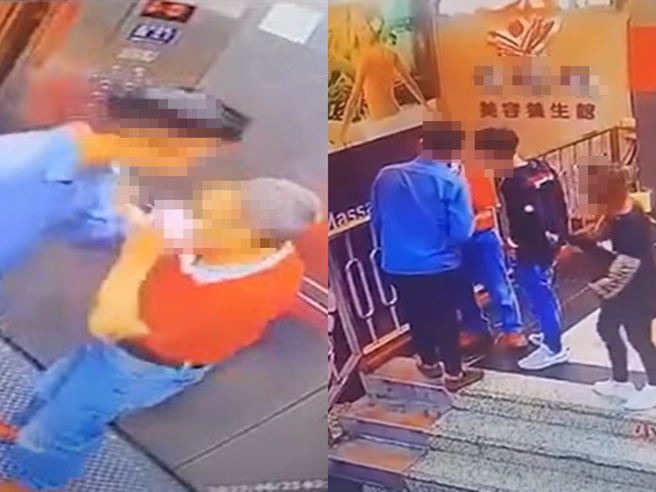 胡男喝完酒因遭老翁關電梯時夾中身體，開始朝老翁怒罵毆打，但隨後老翁的友人找來一票壯年反將胡男打趴在地。（翻攝自臉書「記者爆料網」）