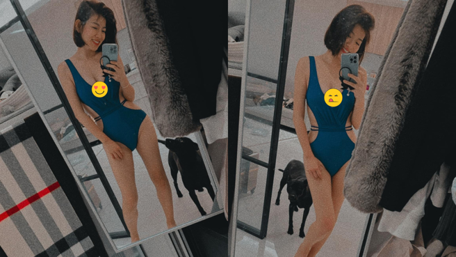 米可白镜子前穿上火辣比基尼，露出胸前侧边的雪白肌肤。(图/米可白 FB)