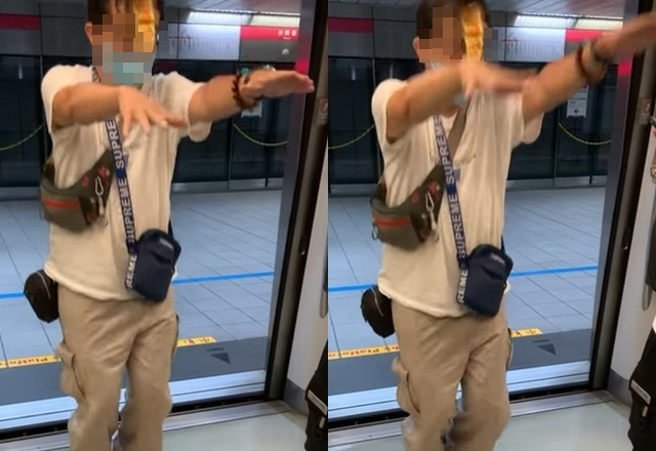 他搭高捷遇符咒跳跳男嘴里念念有词，网翻译：「谁若是把老子录下来试看看！马上给他咬下去」。（图／翻摄自爆废公社公开版）