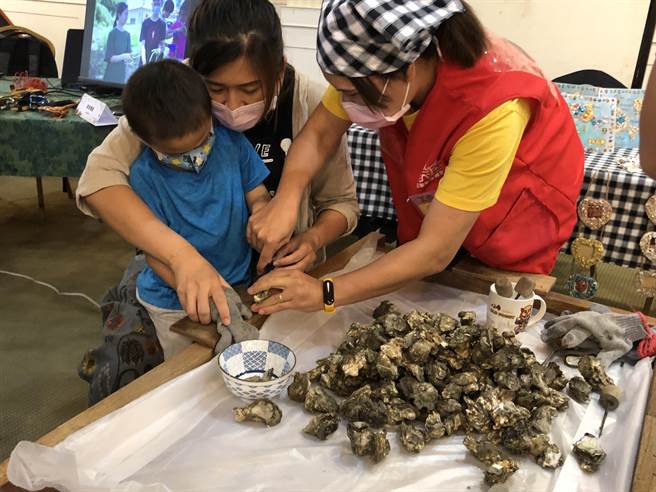 古寧頭蚵田是海上一景，大人小孩體驗剖蚵的聚落生活日常。（李金生攝）