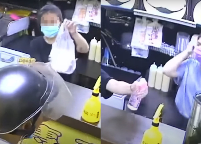 男子拿店家提供的酒精往鼻孔喷，疑似不舒服一直揉鼻子，店员看到后拿起另外1瓶酒精疯狂消毒。（翻摄自爆料公社）