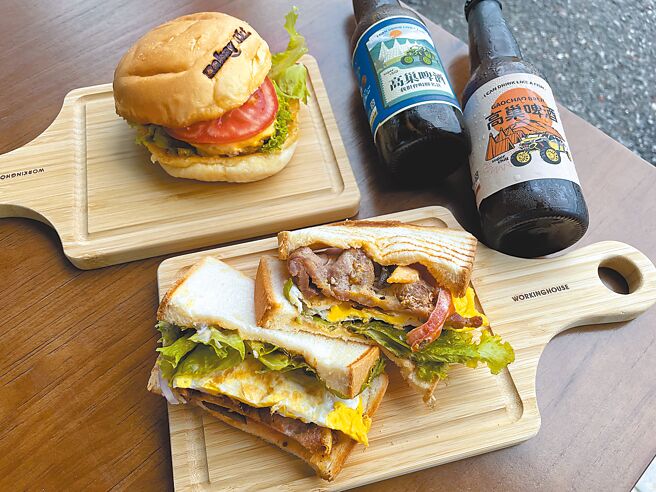 高巢休閒农场供应结合花莲特色的餐点，例如剥皮辣椒牛肉三明治（前）。（何书青摄）