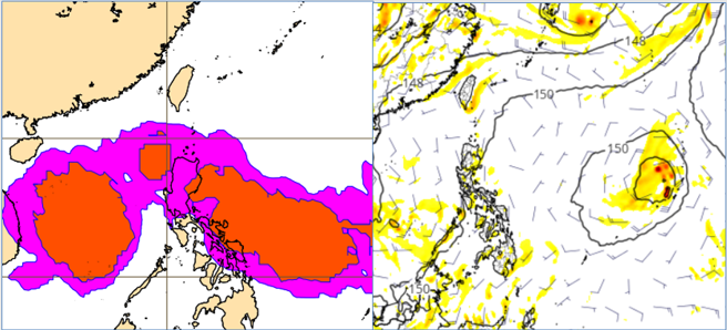 最新(2日20時)歐洲(ECMWF)系集模式10日20時模擬圖(左圖)顯示，菲律賓東方至南海海面有「熱帶擾動」發展的機率達20%。美國(GFS)模式10日20時模擬圖(右圖)則顯示，菲律賓東方海面有「熱帶擾動」發展。(右圖擷自tropical tidbits)

