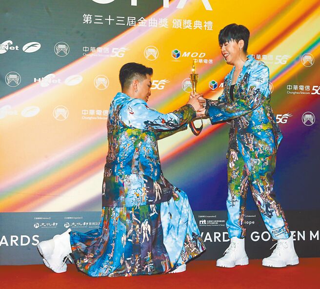 江惠仪的男友三秒（左）昨作势单膝下跪向她求婚。