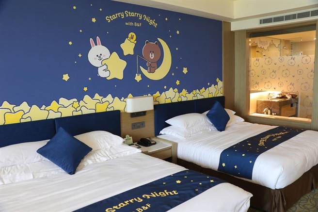 麗寶福容大飯店規劃8款不同風格主題房型，快來跟超萌的熊大、兔兔開心同眠。（麗寶樂園渡假區提供）