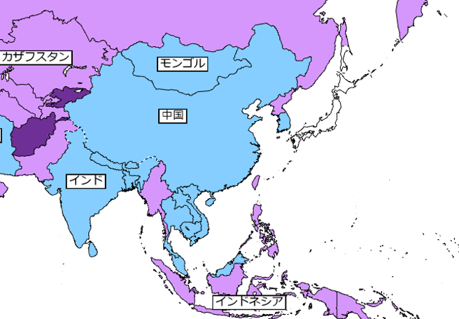 日本外务省「海外安全情报」地图 显示，大陆与蒙古、韩国、泰国、星马为最安全的「第一级」（水蓝色），台湾和北韩、俄罗斯、菲律宾、印尼等国为「第二级」（淡紫色，「非必要旅行」）。（翻摄自日本外务省网站）
