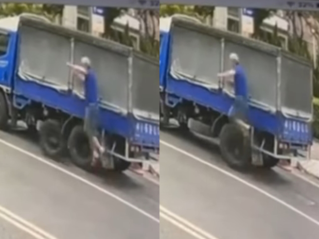 1名老翁日前在路边时，前方疑似发生车祸，飞出1颗轮胎在地上滚，高速朝老翁飞去，老翁看到当场用「玛利欧式」双脚张开往上跳、躲过轮胎。（翻摄自脸书「记者爆料网」）