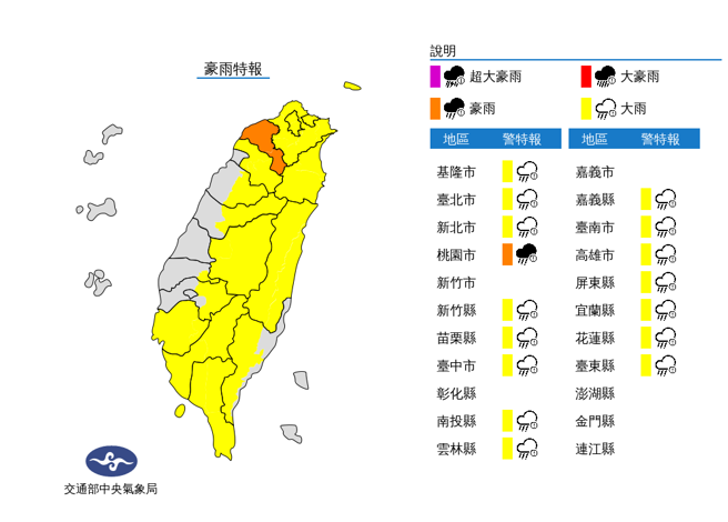 全台16縣市豪大雨特報。（圖／翻攝自氣象局）