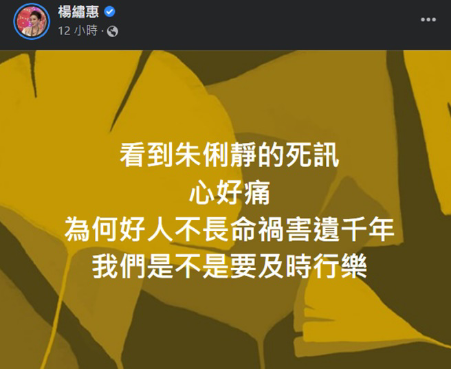 杨绣惠发文悼念朱俐静。(杨绣惠脸书)