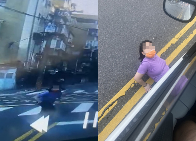 女子已诡异的姿势「假碰瓷」撞货车，最后还被货车驾驶拍下狼狈的样子。（翻摄自记者爆料网）