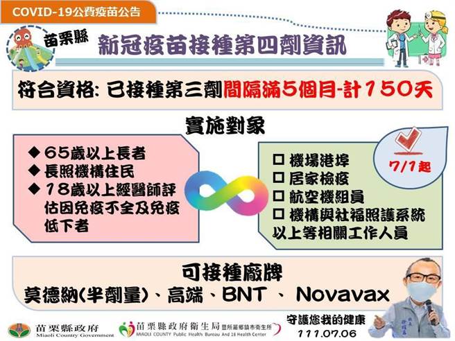 第四劑疫苗施打訊息。（苗栗縣府提供／李京昇苗栗傳真）