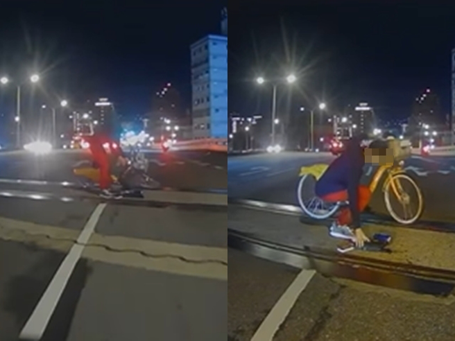 婦人騎Ubike竟「橫切」百齡橋，甚至在橋中央摔倒，1名汽車駕駛撞見，趕緊在婦人後方當忙擋車示警，但網友卻認為婦人一定會再犯。（翻攝自臉書「爆廢公社公開版」）