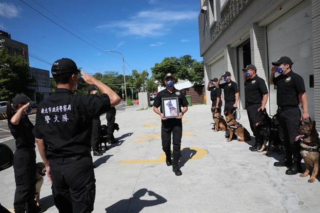 新北刑大队长率警犬队及刑警同仁列队送别「粗骨」。（新北刑大提供／李奇叡新北传真）