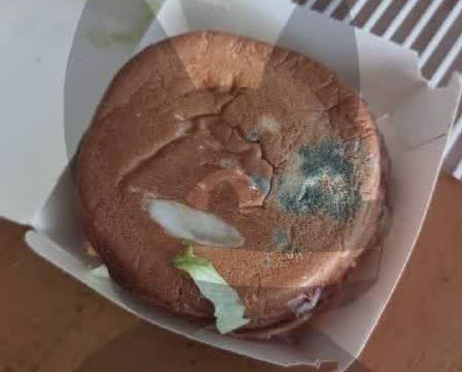 汉堡麵皮发霉，面积不小。（图／翻摄Telegram）