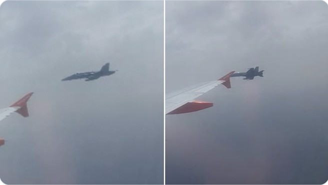 西班牙空军F-18拦截遭谎报的客机。(图/Twitter)