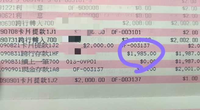 一名女網友抱怨，朋友近日以匯款方式還她借的2千元，但她去刷存摺才知道，對方僅匯了1985元。（圖／翻攝自爆怨2公社）