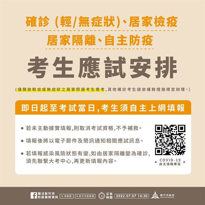 市府指出，輕症或無症狀確診、居家檢疫、居家隔離、自主防疫之考生，即日起至考試當日自主上網填報。（新竹市政府提供／王惠慧新竹傳真）