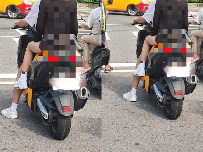 机车骑士在路上被目击轮胎已磨到出现「生命线」，，而照片的吸睛焦点却不只轮胎，还有机车后座的「长腿正妹」。（翻摄自脸书「路上观察学院」）