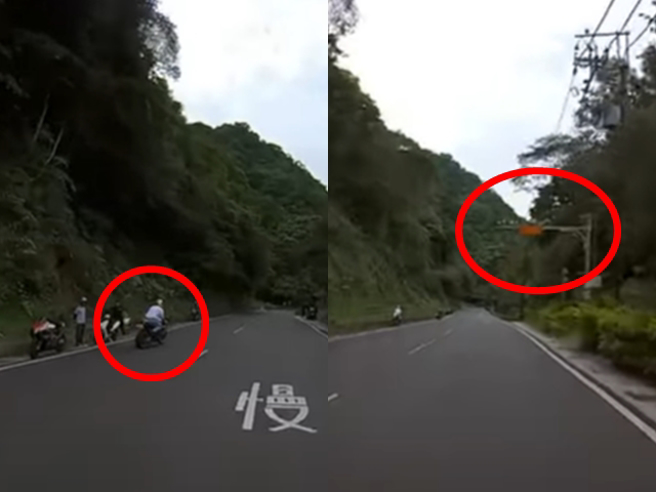 機車先在某路段騎到「對向車道」最外側逆向飆速，等到經過「區間測速儀器」後再騎回原車道，藉此躲避偵測。（翻攝自YouTube頻道「WoWtchout-地圖型行車影像分享平台」）