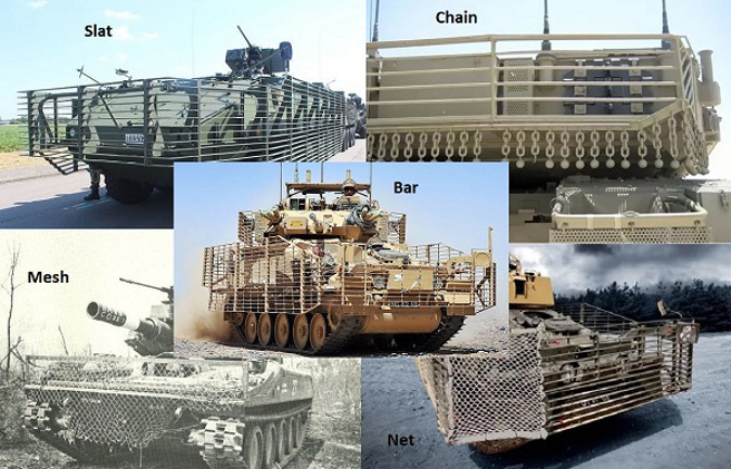 在坦克与装甲车上装置栅栏式装甲，主要为防范在城市巷战中使用低阶武器偷袭的敌军，一般都装置在侧边或车顶上。（图／推@ukrinform)
