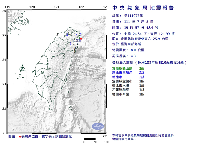 8日晚间7点57分，宜兰外海发生规模4.3地震。(图／中央气象局)