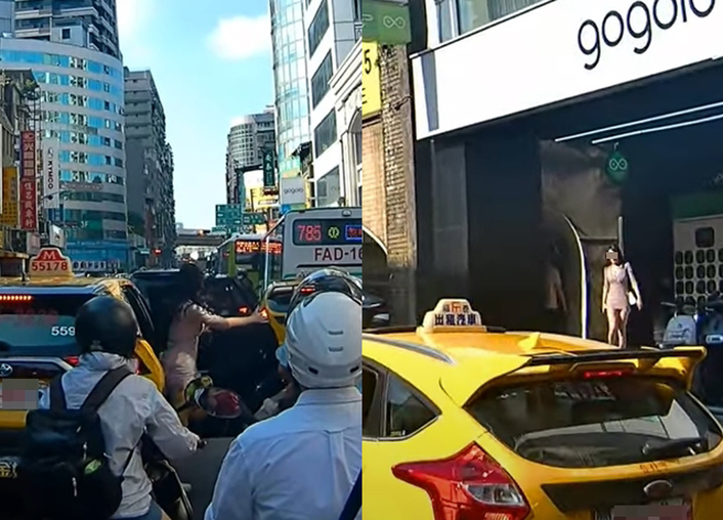 長腿妹不明原因路中間開門，不料擊落路過騎士，但她卻「頭也不回走掉」。（翻攝自YouTube頻道「WoWtchout - 地圖型行車影像分享平台」）