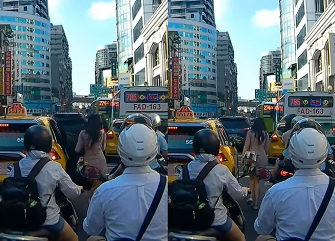 長腿妹不明原因路中間開門，不料擊落路過騎士，但她卻「頭也不回走掉」。（翻攝自YouTube頻道「WoWtchout - 地圖型行車影像分享平台」）