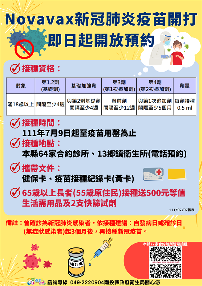 南投縣新增確診人數549例、死亡人數6人，首批萬劑Novavax疫苗9日起開打。（南投縣府提供／陳淑芬南投傳真）