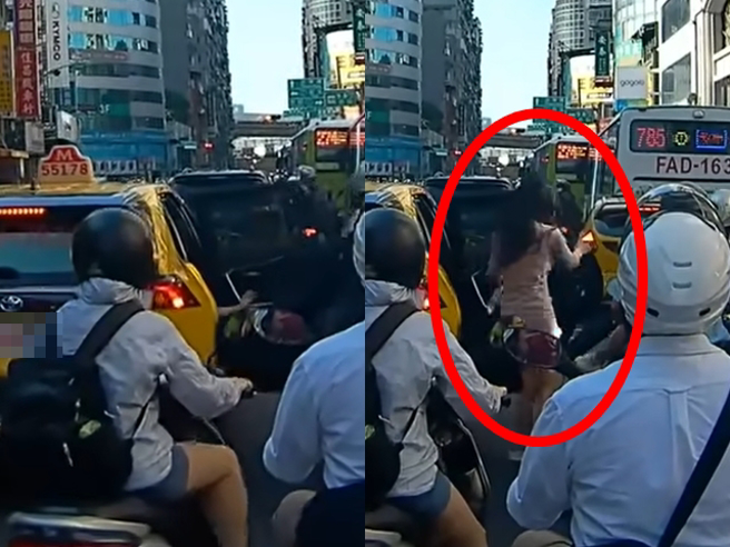 女子搭计程车准备下车时，疑似不耐烦或心情差，竟突然用力打开车门，车门当场撞击一旁机车，女子仍头也不回地往一旁走去。（翻摄自YouTube频道「WoWtchout-地图型行车影像分享平台」）