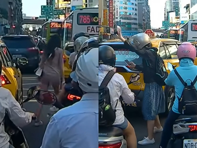 女子搭计程车准备下车时，疑似不耐烦或心情差，竟突然用力打开车门，车门当场撞击一旁机车，女子仍头也不回地往一旁走去。（翻摄自YouTube频道「WoWtchout-地图型行车影像分享平台」）