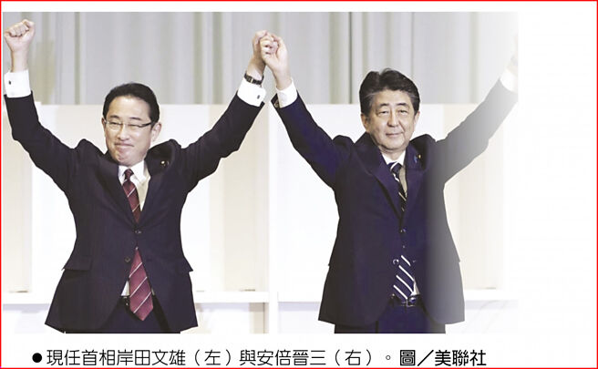 现任首相岸田文雄（左）与安倍晋三（右）。图／美联社